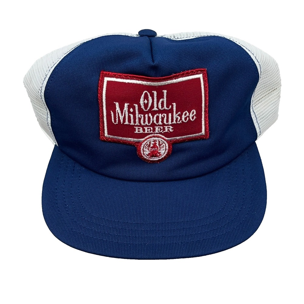 Vintage Old Milwaukee Trucker Hat Cap Made In USA 80s 90s Beer Patch Blue Mesh